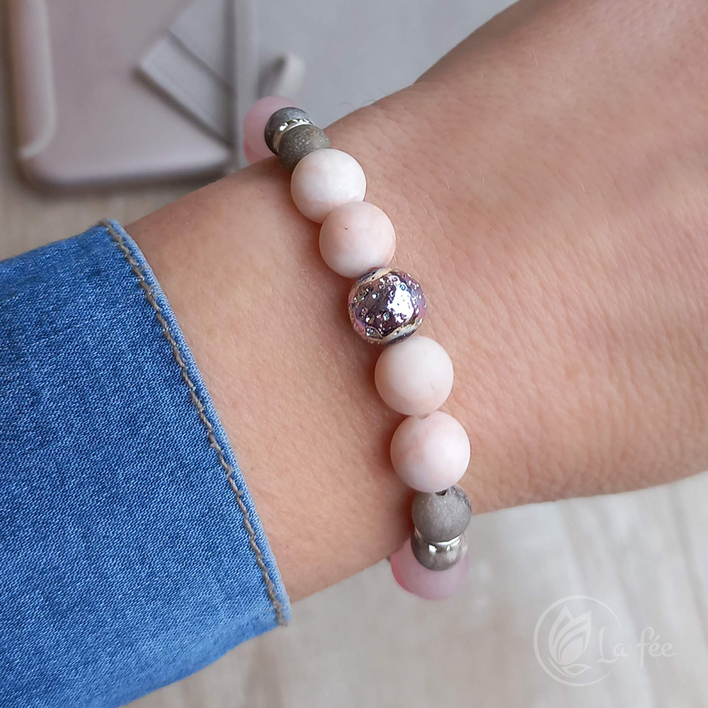 Lafee Ásvány karkötő zebra jáspis jáde rózsakvarc lávakő