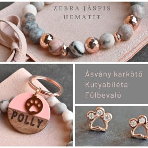 rózsaszínes ásványkarkötő, kutyabiléta, rose gold cirkonos fülbevaló