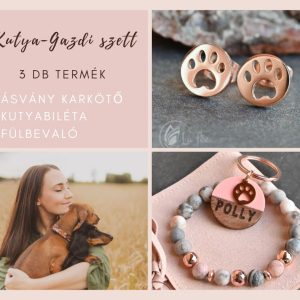 rose gold tappancs fülbevaló, kutyabiléta, rózsaszínes ásványkarkötő