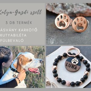 ónix ásványkarkötő, fekete kutyabiléta, rose gold fülbevaló