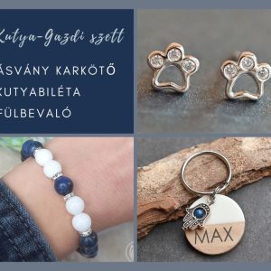 Szodalit, kagylóhéj ásványkarkötő, fehér kutyabiléta szodalittal, cirkonos ezüst fülbevaló